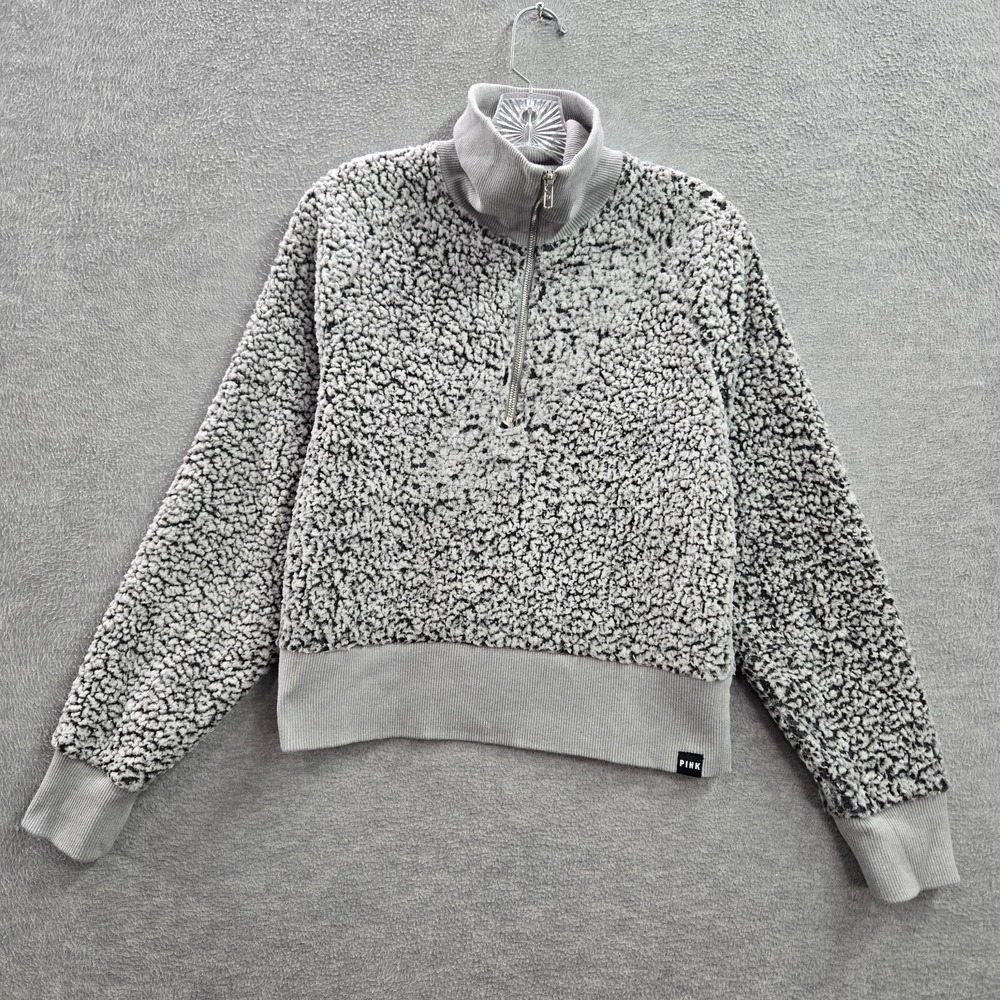 Pink Victorias Secret Women Sweater Medium Gray Sherpa Crop 1/4 Zip Long Sleeve